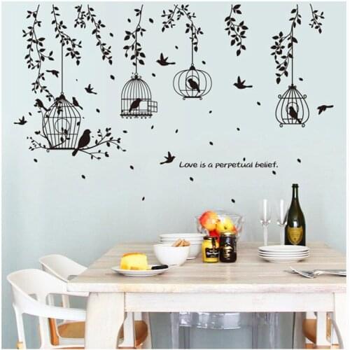 Black Bird Cage and Leaves Silhouette Patterns PVC Wall Stickers TV Background wall stickers Decorative Dining Hall Dormitory