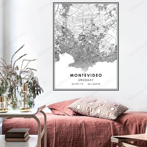 Black and White Uruguay City Map The Montevideo City Map Poster HD Print Wall Art Canvas Nordic Landscape Painting Decor