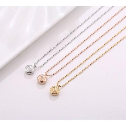 Double-sided Chinese lucky words necklaces for women stainless steel jewelry, round pendant necklace beads chain collares 2020