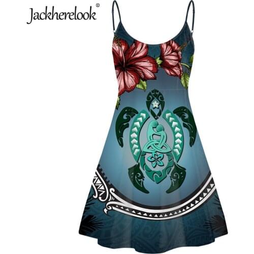 Jackherelook Brand Design Polynesian Tribal Women Slip Dresses Hawaii Turtle Hibiscus Plumeria Print Sleeveless Midi Party Dress