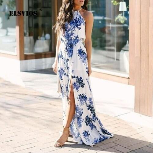 Summer Women Sexy Halter Sleeveless Off-shoulder Printed Dress Fashion Elegant Slim Bohemia Beach Holiday Party Casual Dresses