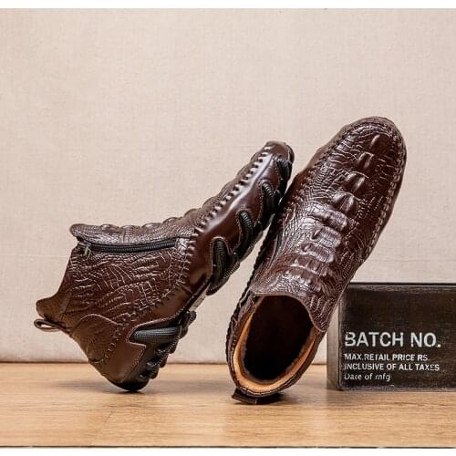 Crocodile Pattern Mens Leather Shoes British Medium Top Mens Short Boots Leather Large Zapatos De Hombre Winter Warm Male Boot