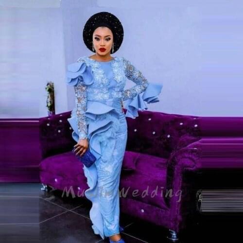 Sky Blue Full Sleeves Lace Prom Dress African Beads Mermaid Evening Gowns Black Girls Women Party Dress O Neck Night Aso Ebi