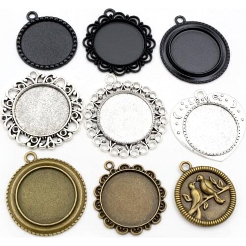 New Fashion 5pcs 25mm Inner Size Black Antique Silver Plated Bronze Flower Simple Style Cabochon Base Setting Charms Pendant