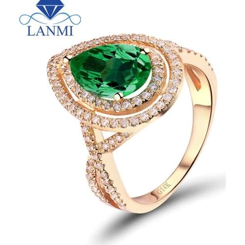 New! Pear Shaped 7x9mm Diamond Settings Solid 14Kt Yellow Gold Natural Emerald Wedding Ring SR0007