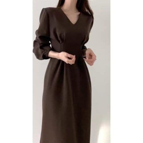 Solid Minimalist Maxi Dress women 2020 New Autumn Dress Fashion Elegant OL V-neck Long Sleeve Dresses Female Vestidos Chic 143H