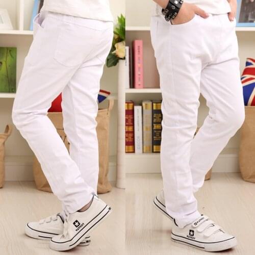Boys Pants White Casual Pants 2019 Summer New Solid Straight Elastic Waist 100% Cotton Boy Trousers 110-160