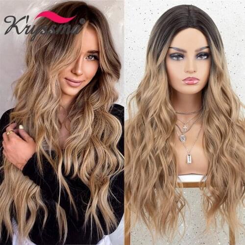 Kryssma Women Body Wave Wig For Ombre Blonde Wig Long Wavy Synthetic Wigs Cosplay Wigs For Halloween Heat Resistant Fiber Hair