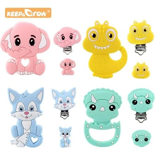 Animal Baby Silicone Teether Beads Pacifier Clips Teething BPA Free Cartoon Elephant Fox Dinosaur Teether Toy DIY Nursing Chain