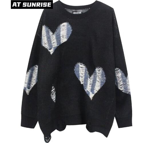 Men Women Hip Hop Streetwear Harajuku Hole Sweater Couples Retro Heart Sweater Knitted Sweater winter Cotton Pullover Unisex