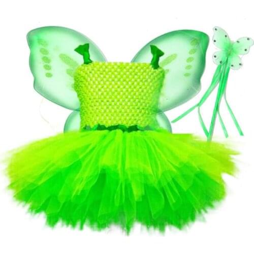 Girls Green Fairy Flower Tutu Dress Kids Fluffy 2Layer Tulle Tutus with Butterfly Wing Set Children Cosplay Party Dress 2-10Y