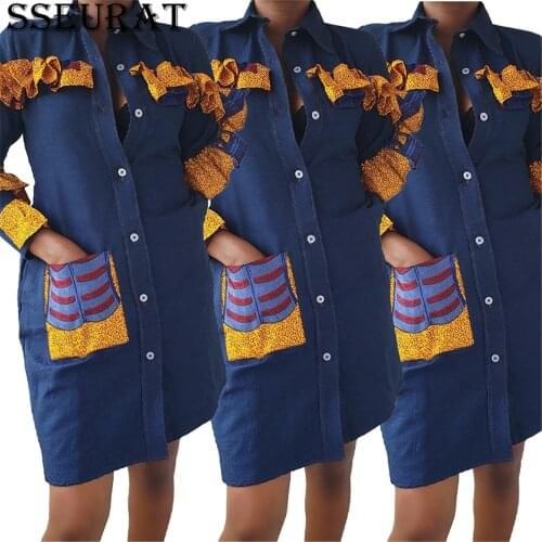 SSEURAT Women Denim Button Up Blouses Style Dress Streetwear Fashion Turn-down Collar Mini Midi Dresses