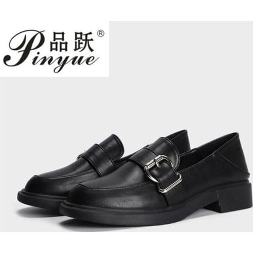 Spring New Leather Shoes Chunky Heels Pumps With Platform Retro Square toe Slip On Female Brogue Shoes English leather shoes