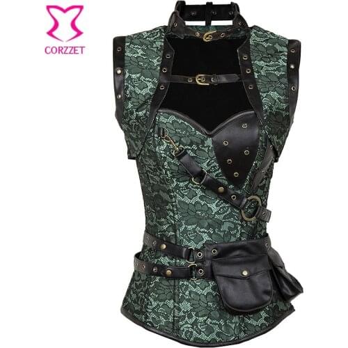 Plus Size Green Floral Jacquard Steel Boned Overbust Corset with Pouch Belt & Jacket Burlesque Outfits Steampunk Gothic Clothing