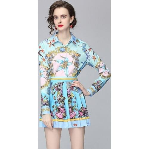 Runway Women Blouse Skirt Suit Elegant 2021 Casual Flower Print Long Sleeve Shirt Tops + Mini Pleated Skirt Suits Two Piece Set