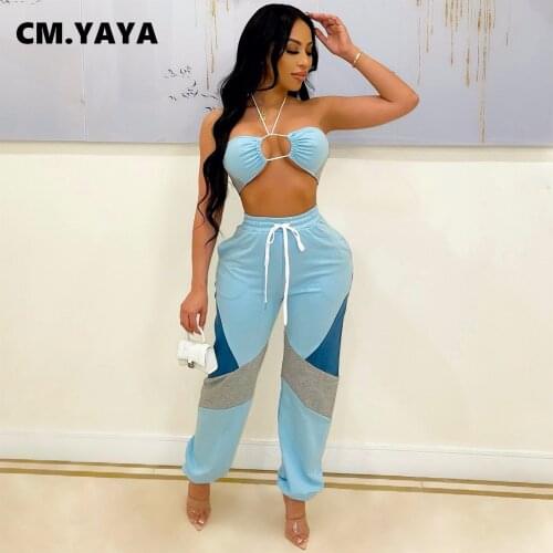 CM.YAYA Women Tracksuit Patchwork Sleeveless Halter Bra Tops Stretchy Pants Two 2 Piece Sets Joggers Sporty Outfit Summer 2021