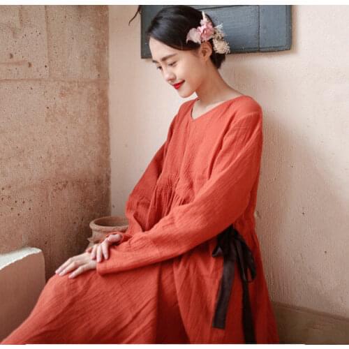 2020 new women loose casual v-neck empire waist cotton linen dress,Spring Autumn long sleeve dress,plus size vintage dress S-6XL