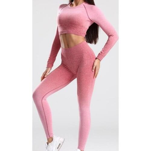 2021 New Women Seamless Yoga Set Gym High Waist Ombre Leggings Shirts Top Suit Long Sleeve Fitness Workout Sport Sportswear Set