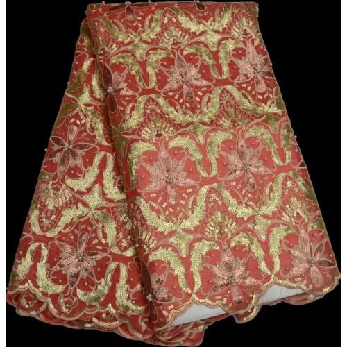 5yards/pc) high grade beaded African organza lace fabric in coral red gold with lots of sequins for attractive party dress OP60