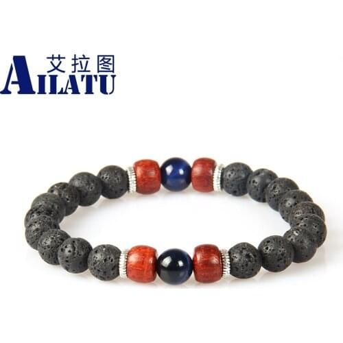 Ailatu New Designs Dads Energy Bracelet 8mm Lava Rock Stone and High Grade Tigers Eye Jewelry