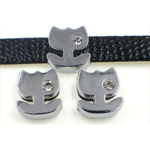 50PCS 8mm Alloy Silver Rhinestone Crystal Cat Slide Charms Beads DIY Accessories Handmade Bracelets Belt Strips Pet Name Collar