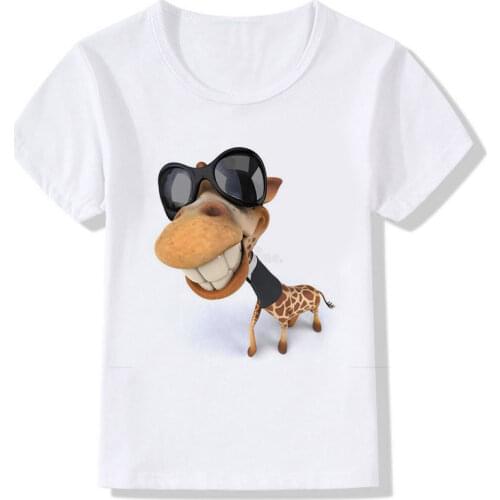 Children Tops Tees Cartoon Funny Big Head Giraffe With Black Sunglasses 3D Print T-Shirts Girls/Boys T Shirt Casual Kids Clothes