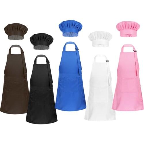 Kid Boys Girls Front Pocket Bib Apron Children Apron Chef Hat Kitchen Cooking Craft Uniform Child Painting Cooking Baby Pinafore