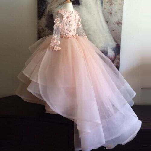 Ruffles Kids Formal Wear Gowns Girls Pageant Dresses Blush Pink Flower Girl Dresses Long Sleeves Hand Made vestido daminha