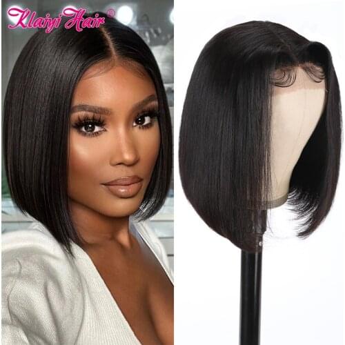 Klaiyi Hair Short Bob 13x1 T Part Lace Wigs Straight Human Hair Wigs For Women Brazilian Remy Hair Nature Black Color