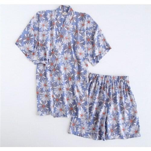 Summer cotton two-piece kimono cotton silk short-sleeved shorts Japanese-style kimono pajamas thin section home clothes sweating