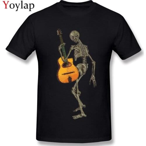 Summer Mens T-shirts Short Sleeve Tops & Tees Cotton Round Neck Anti-pilling Clothes Skeleton With Gypsy Jazz Guitar Print