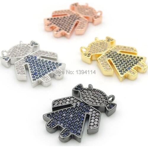 22*15*3mm Micro Pave Blue&Clear CZ Girl Charms Of Double Loops Fit For Making DIY Necklaces Jewelry