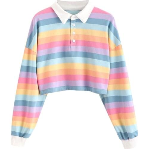 Kawaii Hoodies Women Casual Color Stripe Button Long Sleeve Turn-down Neck Pullover Short Sweater Tops Blouse Women Sweatshirt