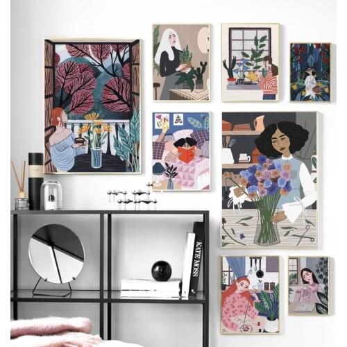 Fashion Girl Flower Plant Leaves Illustration Nordic Posters And Prints Art Canvas Painting Wall Pictures For Living Room Decor