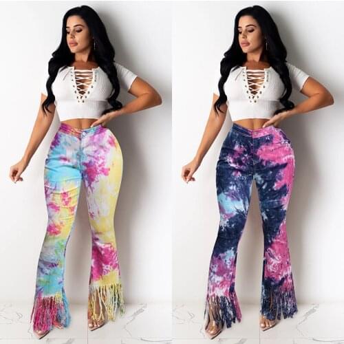 Fashion New Tie Dyed Jeans Bell-Bottoms Trousers Women High Waist Button Flare Pants Slim Vintage Tassles Ripped Long Trousers