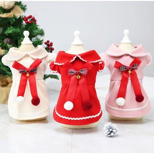 Newest Cat Clothes Pet Dog Coat Girls For Christmas Red Pink Beige Lapel Bowtie Princess Cat Dog Clothing Dog Coat Jacket Outfit