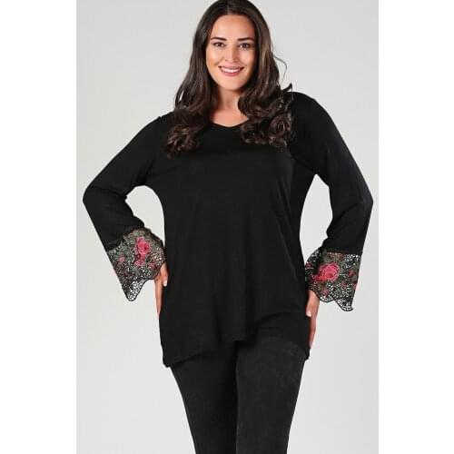 New Season Fashion Plus Size Flower Detailed Lace Long Slevee Blouse Natural Viscose Soft Elastic Fabric