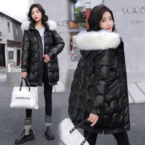Women Parkas 2021 New Winter Jacket Fur Collar Hooded Long Coat Casual Glossy Thick Warm Cotton Padded Parka Waterproof Outwear