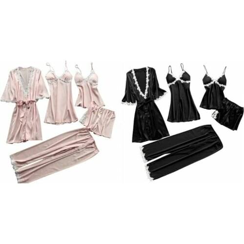 5 Piece Pajamas Set Crochet Floral LaceApplique Women Plus Size Summer Faux Sil