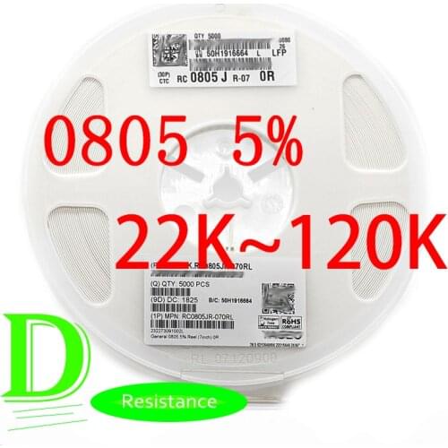 100PCS SMD Resistor 0805 5% RC0805JR-07 Series 22K 24K 27K 30K 33K 36K 39K 43K 47K 51K 56K 62K 68K 75K 82K 91K 100K 110K 120K
