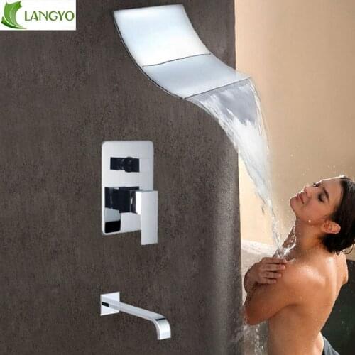 Luxury Single Handle Brass 2 Functions Waterfall & Rain Shower Faucet Set with Handshower Chrome Finished Wall Mounted