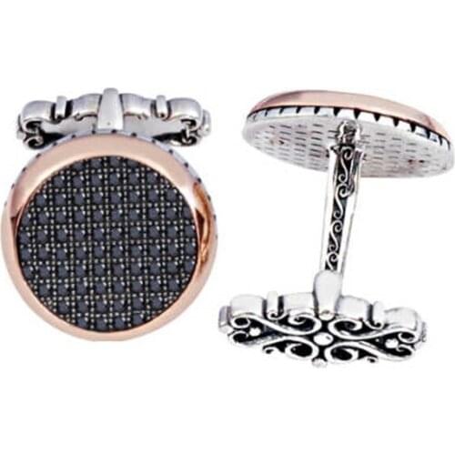 Silver Black Zircon Stone Flat Round Cufflinks