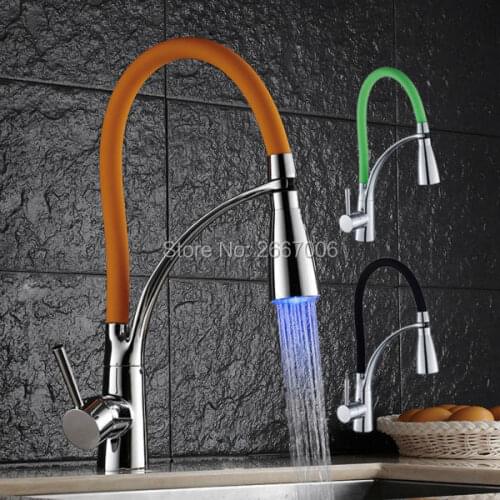 Free shipping Hot Three Colors choose Luxury Chrome Brass Finished LED Modern Faucet Pull out kitchen faucet Mixer tap ZR655