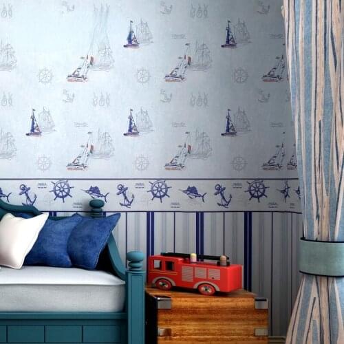 Mediterranean Blue Sailing Waistline Youth Room Boy Bedroom Seamless Wall Cloth Vertical Pattern Cartoon Wall Covering Fabric