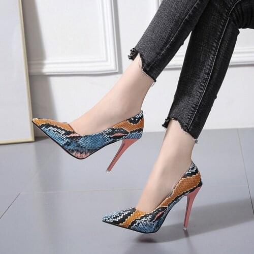 Womens Mix Color Snake Pumps Spring 2020 10cm High Heels Pointed Toe Party Wedding Shoes Woman Stiletto Heeled Pumps 42