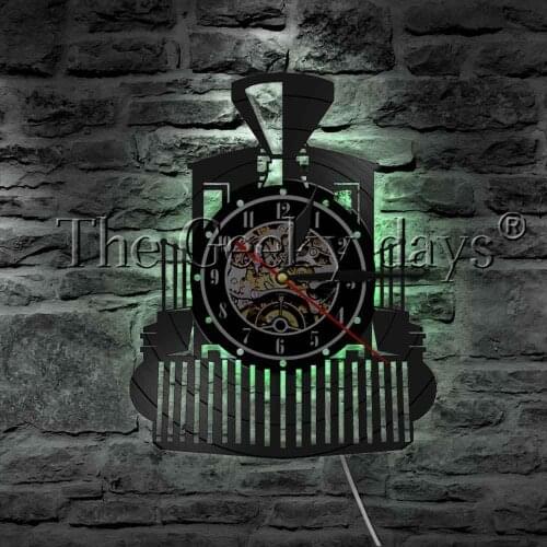Vintage Steam Locomotive Express Train Vinyl Record Wall Clock LED Night Light Transportation Railroad Table Lamp Decor