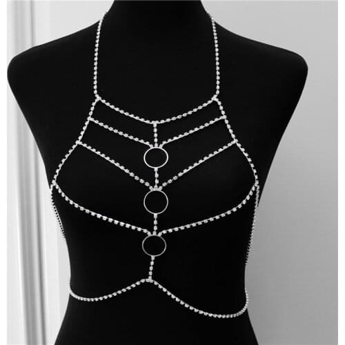 Bohemian Beach Sexy Chest Chain Women Full Rhinestone Cross Circle Chest Chain Shiny Crystal Bra Body Necklace Choker Jewelry