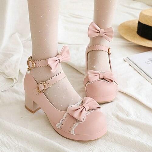 COOLULU Ladies Cosplay Pumps Lolita Shoes Women Mary Jane Pumps Mid Block Heel Pumps Closed Toe Lace Pumps Shoes Size 34-43