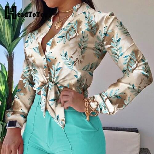 Plants Tropical Print Long Sleeve Tie Front Crop Tops & Shorts Set Women Two Piece Set