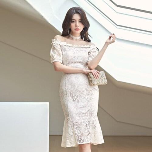YiLin Kay 2020 Women High-end Custom Fashion runway Lace Dress Sexy off-the-shoulder slim eyelash lace party dress